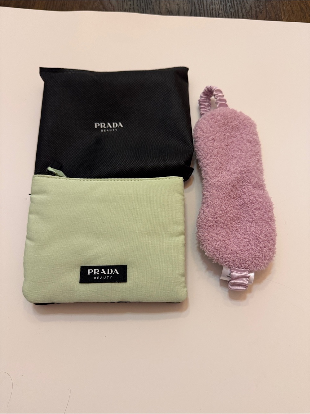 Prada Beauty Black & Light Green Pouches with Pink Plush Sleep Mask